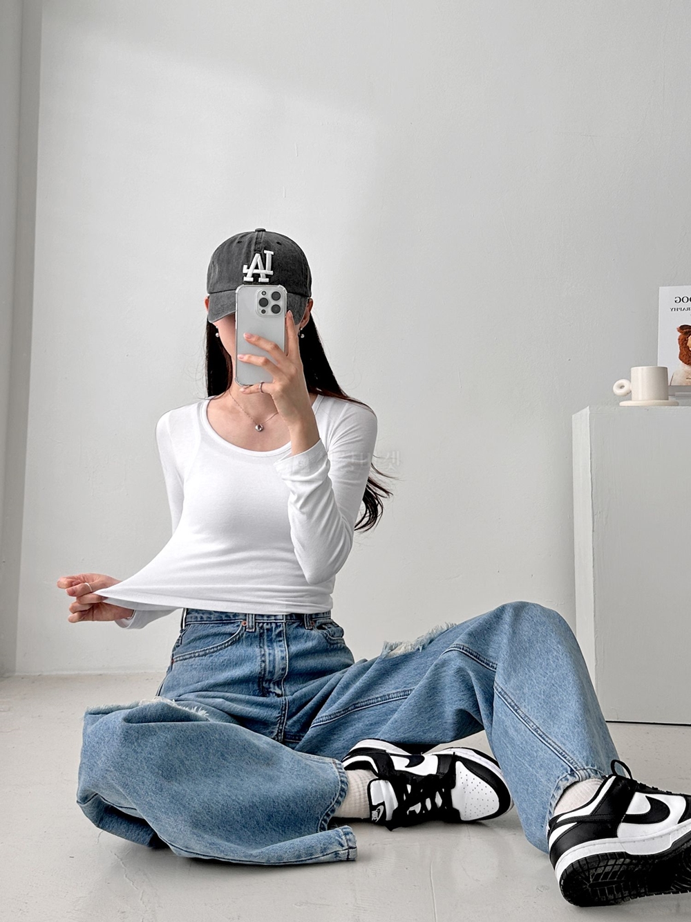 쫀쫀 무지 스판 유넥 세미크롭 이너 긴팔 티셔츠 이미지 3
