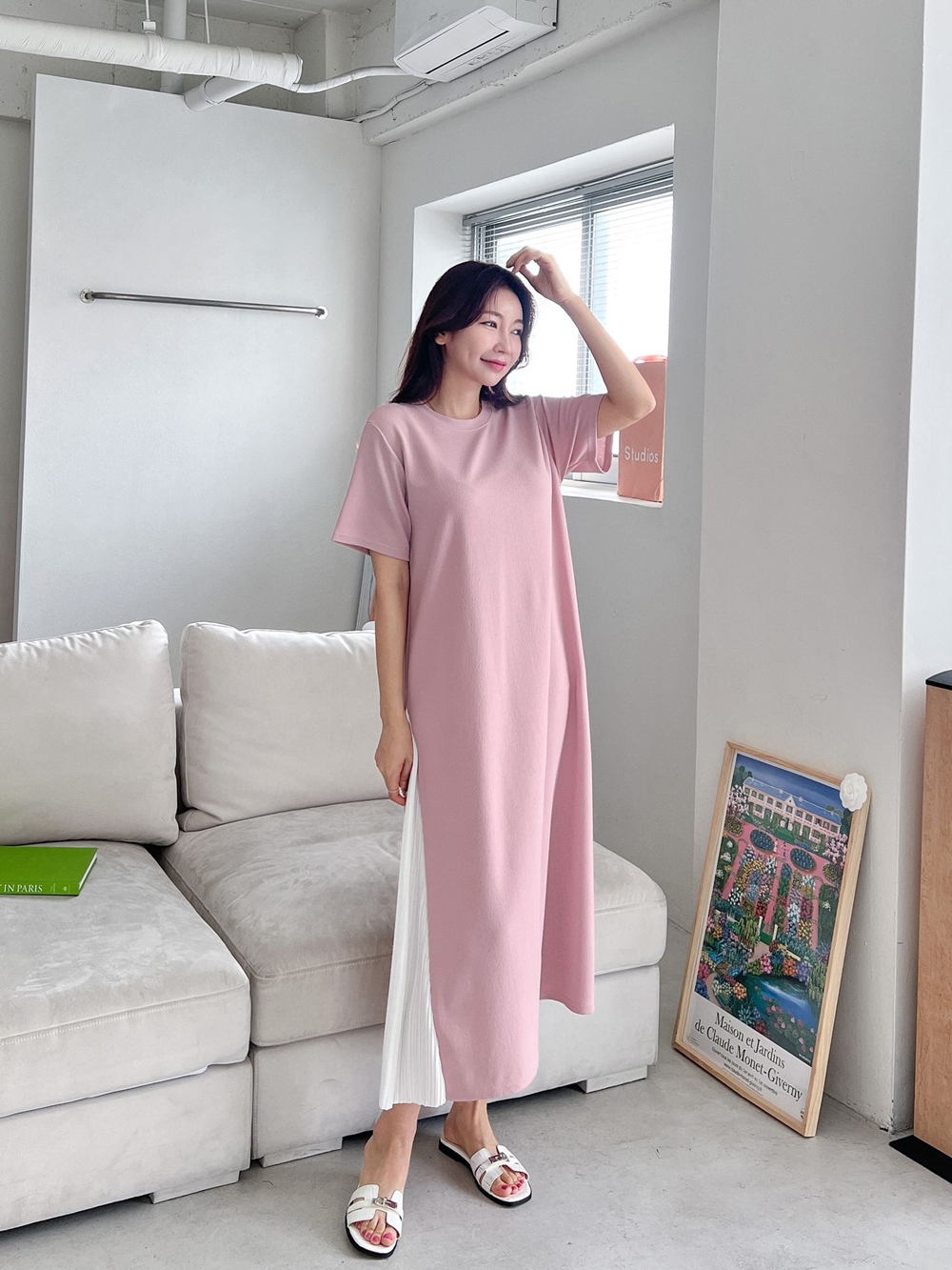 여성 여름 배색 허리끈 주름 플리츠 반팔 롱 원피스 데일리 - 상세 이미지 5