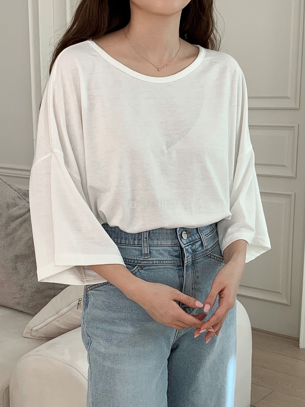 여성 빅사이즈 7부 롱티 언발 기본 찰랑 트임 박스 반팔 티셔츠 이미지 3