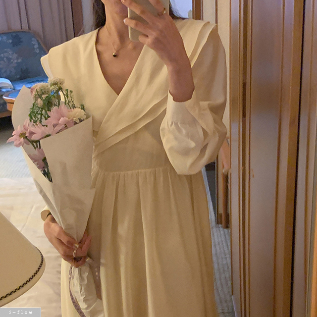 노드 브이넥 프릴빅카라 새틴 롱원피스 3col 봄 가을 허리끈 쉬폰 실키 퍼프 제이플로우 이미지 3