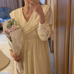 노드 브이넥 프릴빅카라 새틴 롱원피스 3col 봄 가을 허리끈 쉬폰 실키... 착용 후기 | 사이즈/핏 총정리 - 상품 이미지 3