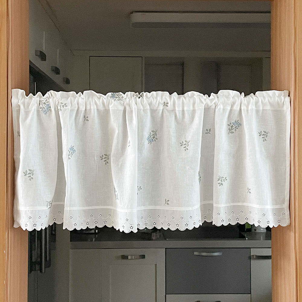 반디꽃 자수 플라워 린넨 커튼 가리개 카페창 주방바란스 130x40 이미지 7