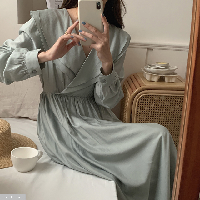 노드 브이넥 프릴빅카라 새틴 롱원피스 3col 봄 가을 허리끈 쉬폰 실키 퍼프 제이플로우 이미지 2