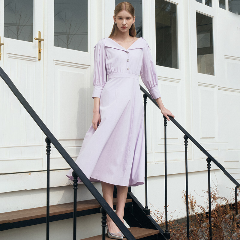 LEINA Deep Vneck Collar Flared Dress_Purple 이미지 3