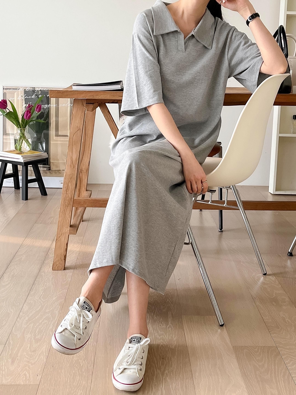 PK원피스 데일리룩 여성 여름 카라 반팔 맥시 롱 원피스 이미지 7