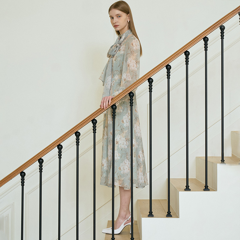 ANASTASIA Mock neck Chiffon Ribbon Tie Flared Dress_Mint Flower 이미지 4