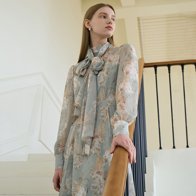 ANASTASIA Mock neck Chiffon Ribbon Tie Flared Dress_Mint Flower 이미지 2