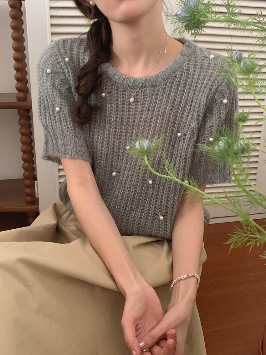 투나잇 진주 그물 짜임 라운드넥 소매 퍼프 반팔 비즈 진주 니트(3color) 이미지 3