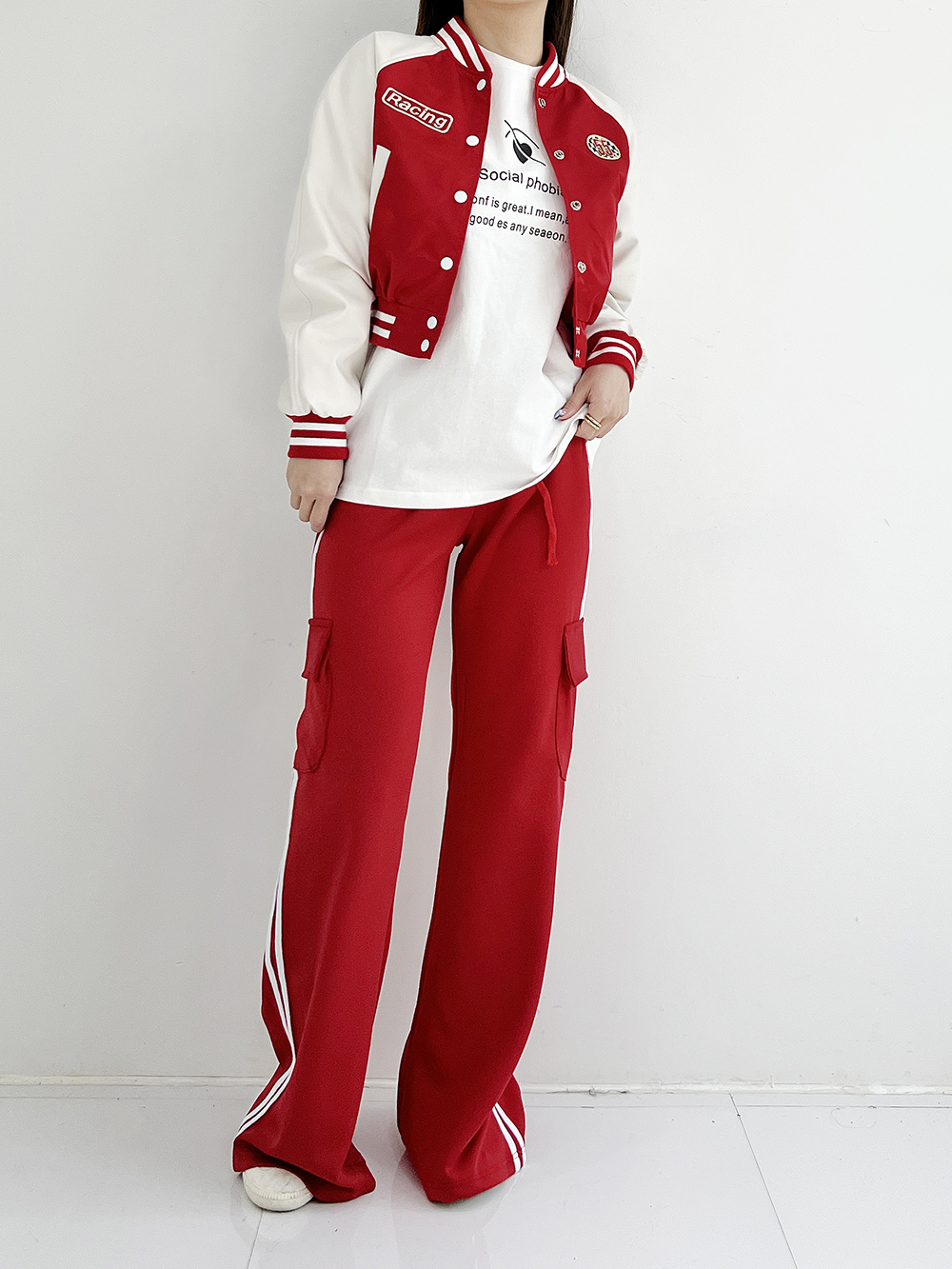 레드링 라인 배색 트레이닝 밴딩 포켓 카고 와이드팬츠 (레드/블랙) - 상세 이미지 5