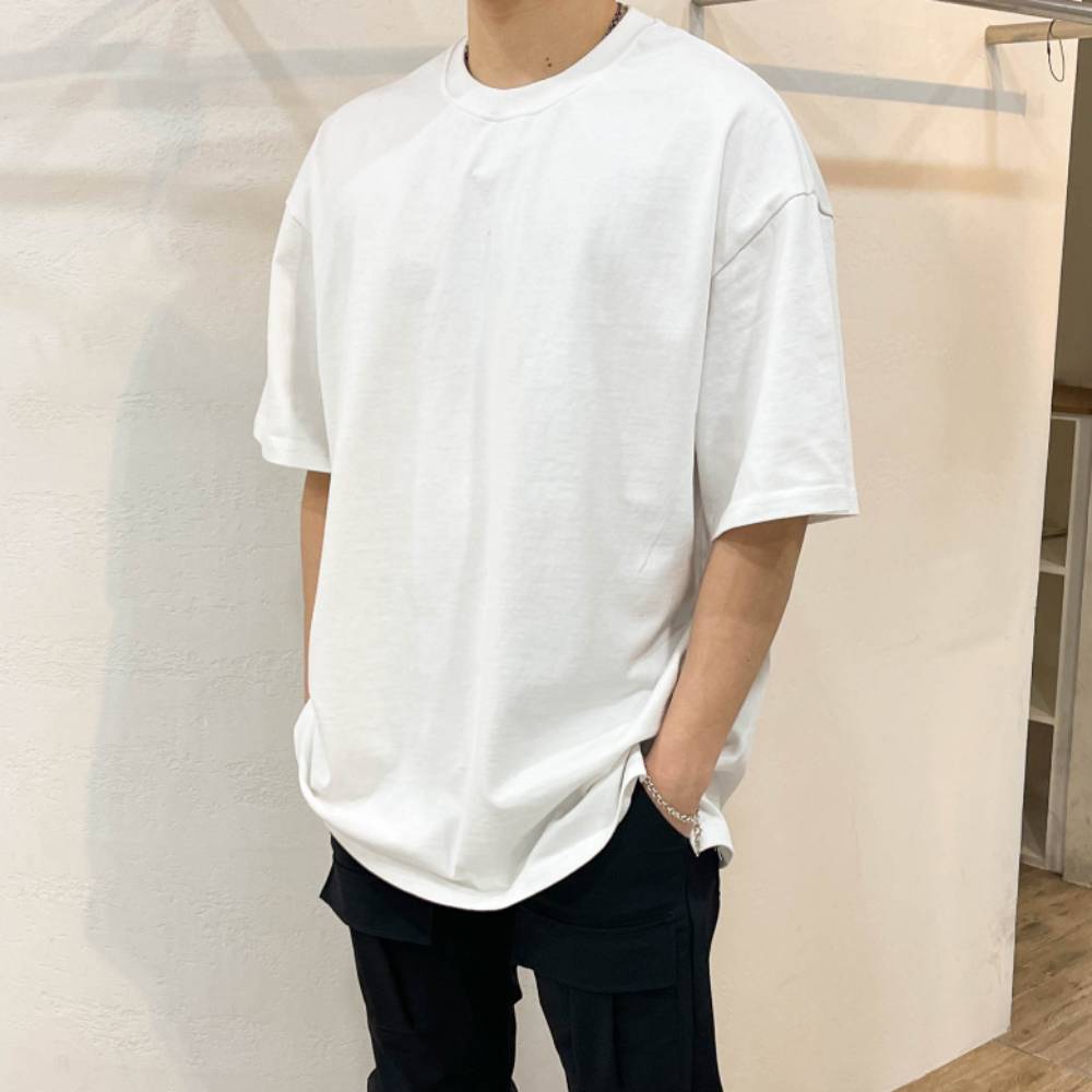 무지 기본 면 반팔 이너 박스 레이어드 옆트임 롱 티 흰색 오버핏 티셔츠 - 상세 이미지 2