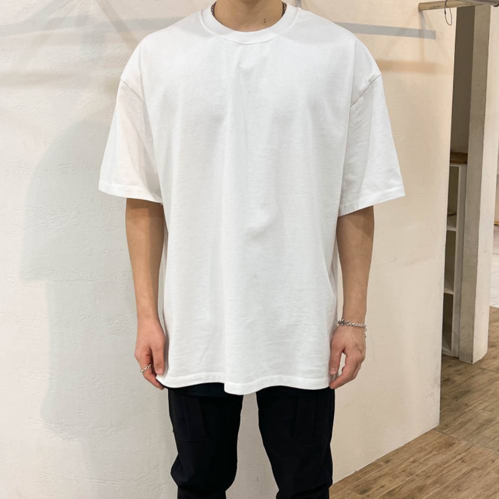무지 기본 면 반팔 이너 박스 레이어드 옆트임 롱 티 흰색 오버핏 티셔츠 - 상품 이미지