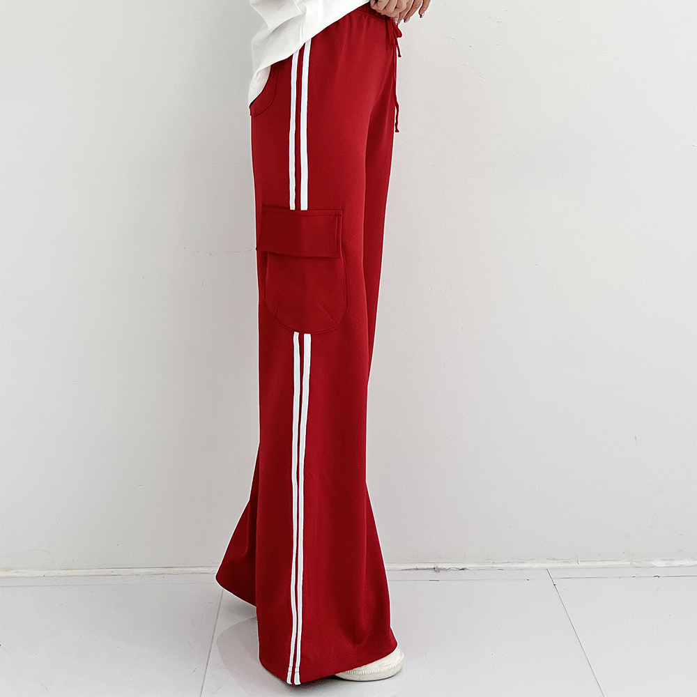 레드링 라인 배색 트레이닝 밴딩 포켓 카고 와이드팬츠 (레드/블랙) - 상세 이미지 2