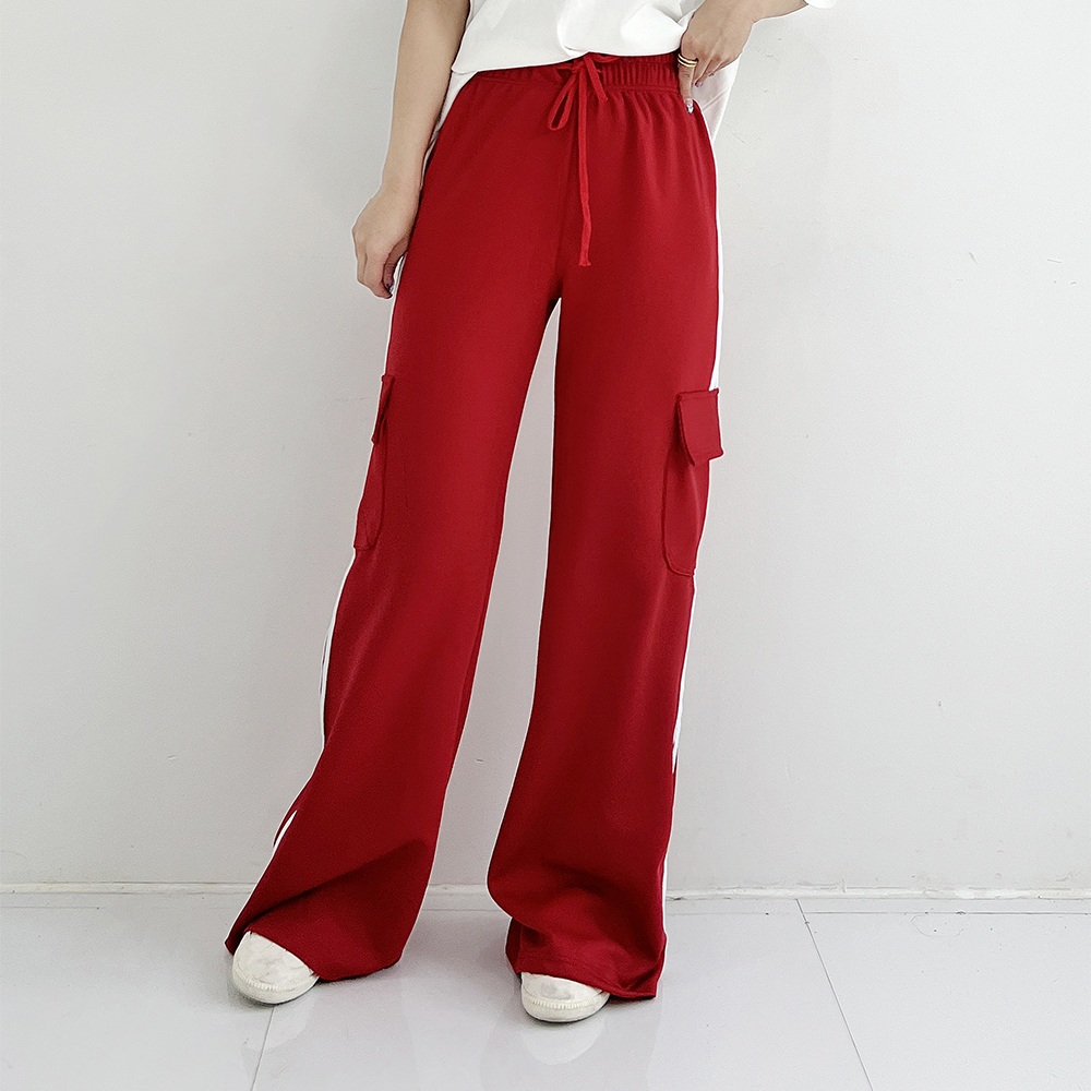 레드링 라인 배색 트레이닝 밴딩 포켓 카고 와이드팬츠 (레드/블랙) - 상품 이미지