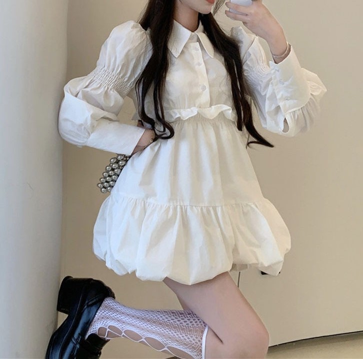 여자여자몰 스모크밴드 벌룬스커트 러블리한 코튼숏원피스 화이트 면원피스 이미지 7