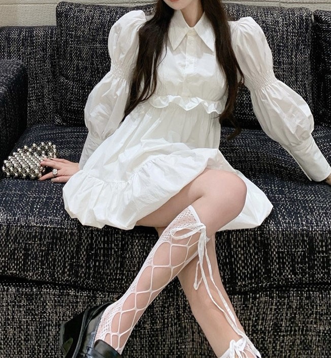 여자여자몰 스모크밴드 벌룬스커트 러블리한 코튼숏원피스 화이트 면원피스 이미지 8