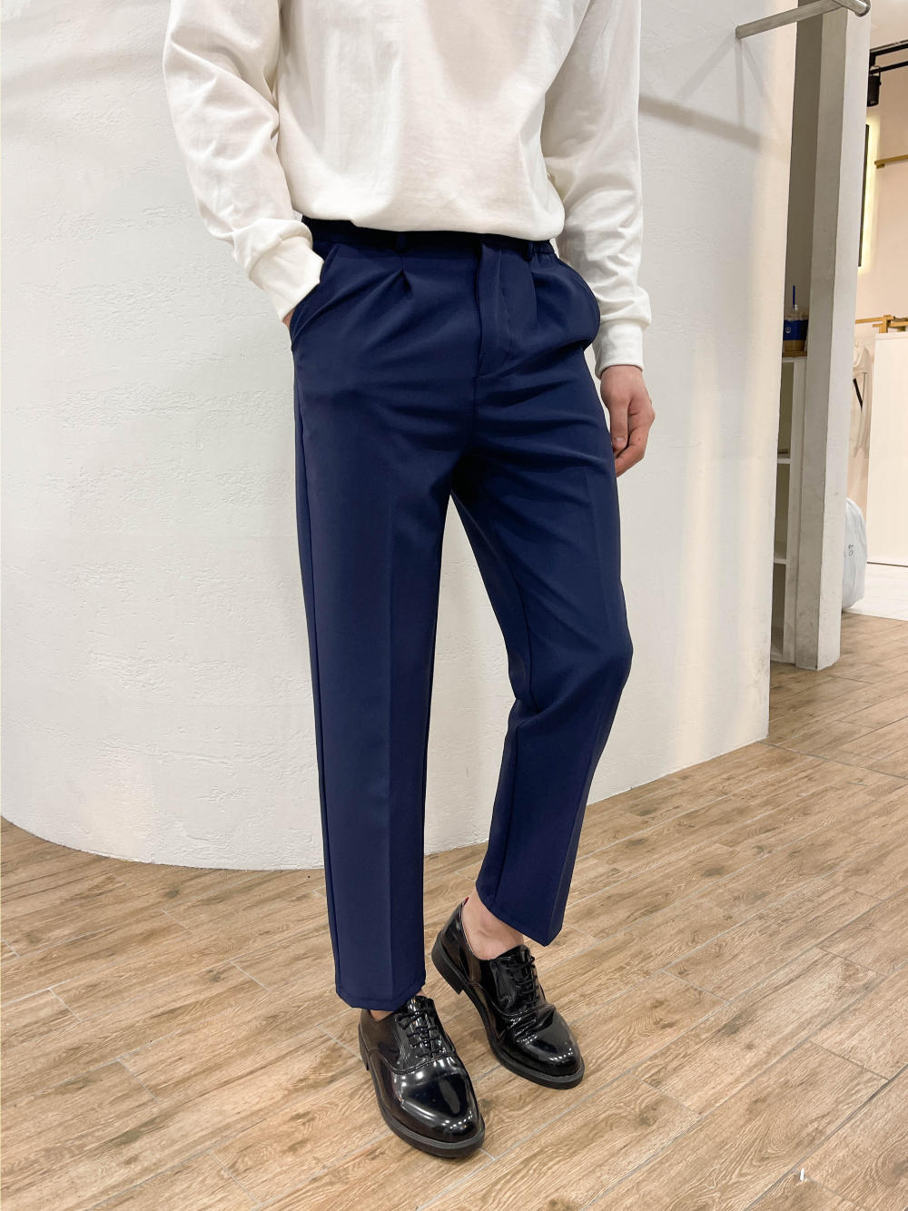 남자 링클프리 슬랙스 봄 여름 정장바지 밴딩 9부 스판 팬츠 빅 사이즈 - 상세 이미지 4