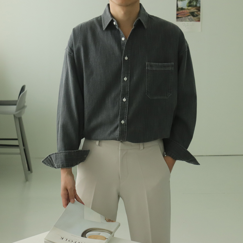 남자청남방 오버핏 와이드카라 남자데님셔츠 셔켓 이미지 2