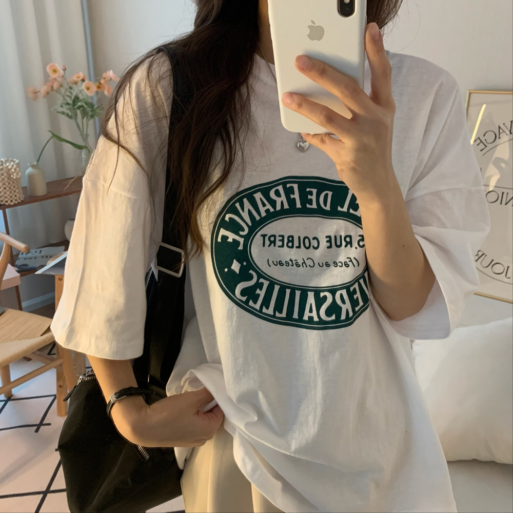 오버핏 빈티지 나염 레터링 프린팅 여성 티셔츠 면 라운드 박스티 여자 반팔티 여름 티셔츠 이미지 4