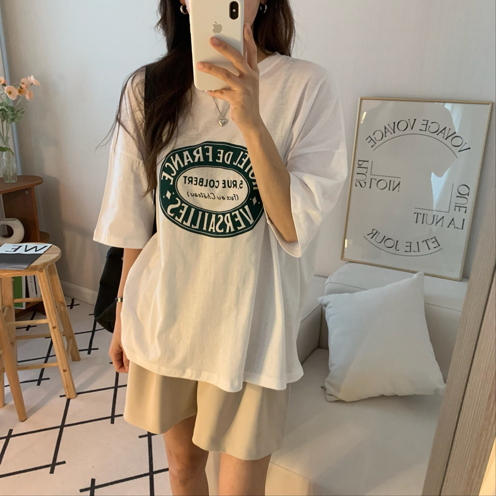 오버핏 빈티지 나염 레터링 프린팅 여성 티셔츠 면 라운드 박스티 여자 반팔티 여름 티셔츠 이미지 2