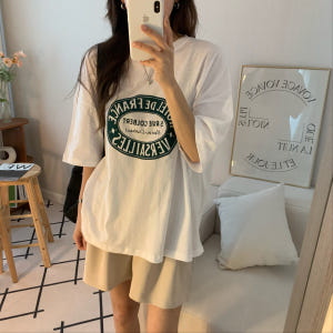 오버핏 빈티지 나염 레터링 프린팅 여성 티셔츠 면 라운드 박스티 여자 반... 착용 후기 | 사이즈/핏 총정리 - 상품 이미지 2