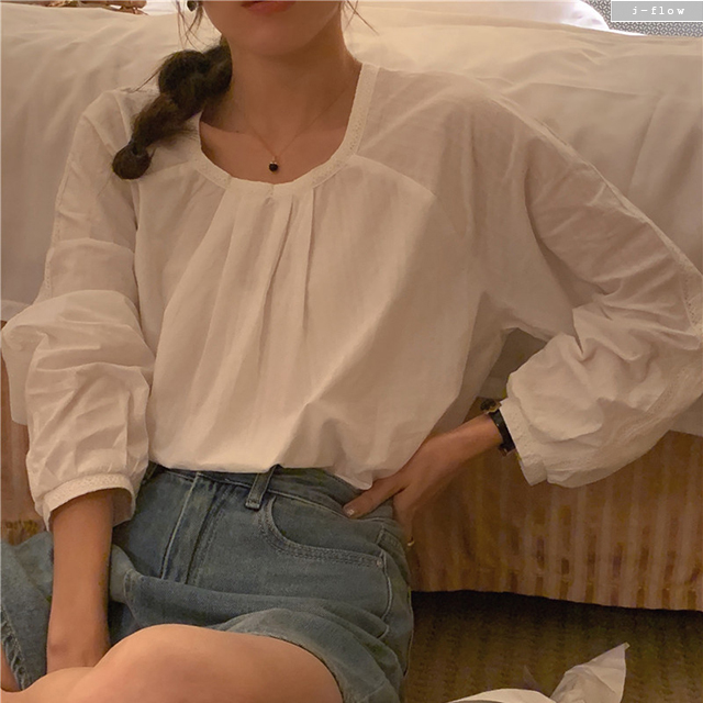 미들 레이스스티치 루즈핏 코튼 블라우스 2col 봄 가을 스퀘어 라운드 벌룬 제이플로우 - 상세 이미지 5