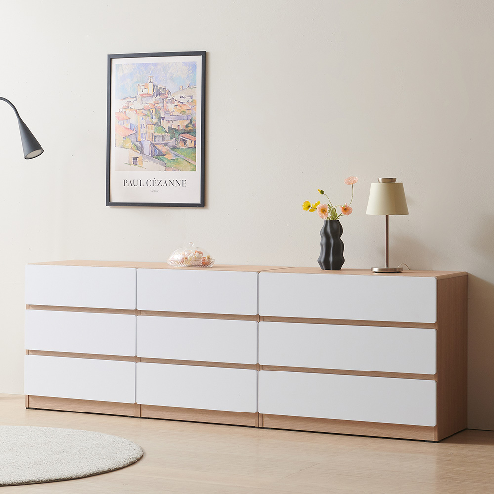 스코나 디스트 3단 서랍 높은 거실장 사이드보드 2000mm, 오크화이트