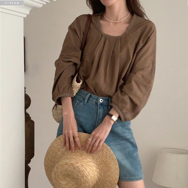미들 레이스스티치 루즈핏 코튼 블라우스 2col 봄 가을 스퀘어 라운드 벌룬 제이플로우 - 상세 이미지 4