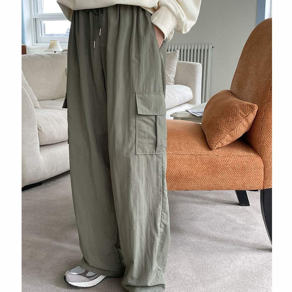 (무배,특가) 오버무드 여성 스톤 나일론 바람막이 원단 바스락 와이드 밴딩 롱 팬츠 7color