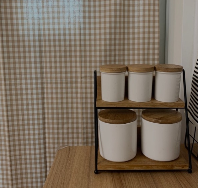 베이지 체크 아기방 커튼