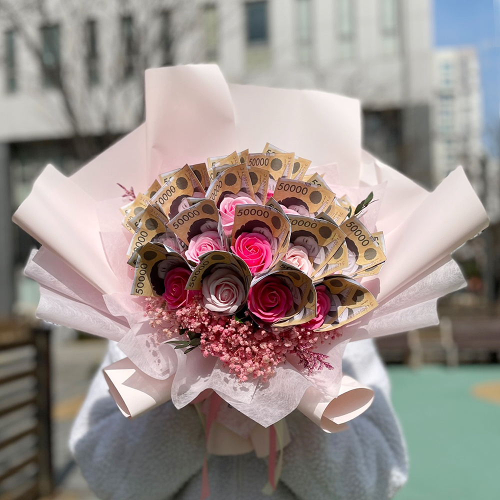 비누꽃 카네이션 어버이날 스승의날 꽃다발 선생님 돈다발 선물 보라카네이션장미15송이 - 상세 이미지 4
