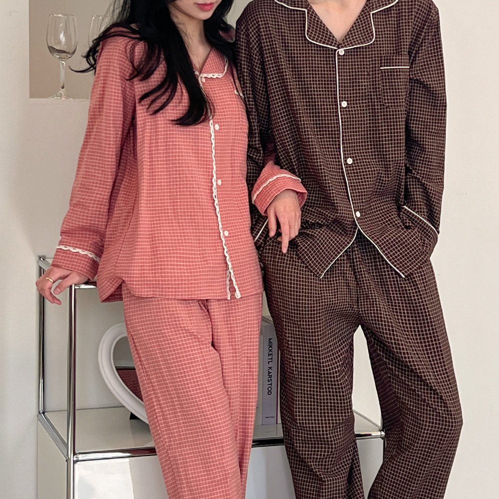 스몰 체크 투피스 커플잠옷 긴팔파자마 5color - 상세 이미지 3