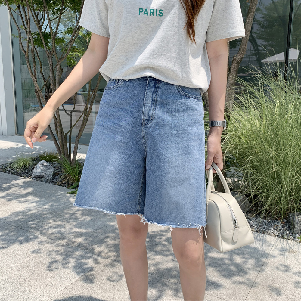 하이웨스트 데님 세미 와이드팬츠 여자 버뮤다팬츠 통바지 여성 반바지 여름 바지 5부 반바지