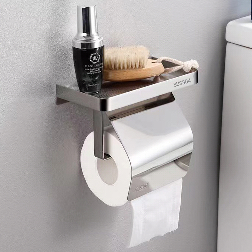 [단독] 스텐304 무타공 선반 휴지걸이 무광 방수 덮개형 화장실 화장지 걸이 제품 이미지