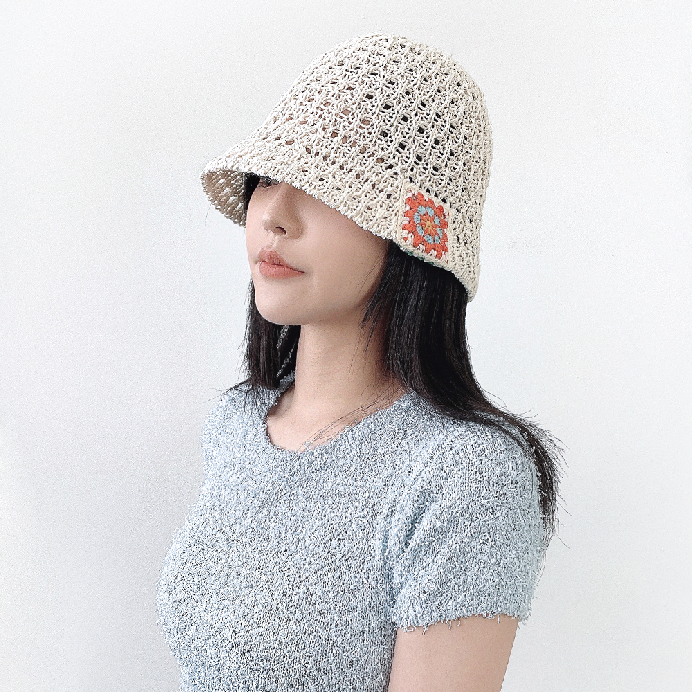 룹 크로셰 여성 봄여름 와플 펀칭 니트 벙거지모자 버킷햇