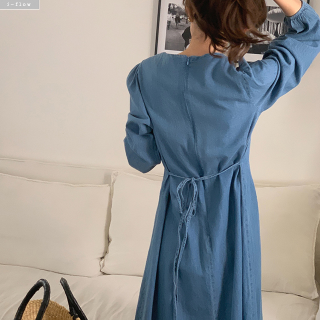 바운드 라운드 데님 허리끈 퍼프 롱원피스 2col 봄 가을 코튼 핀턱 A라인 제이플로우 이미지 8