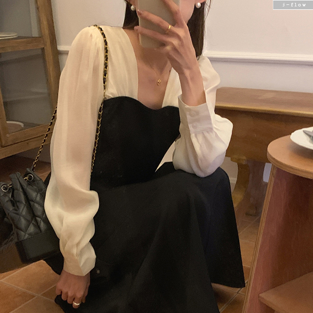 로일 블라우스 일체형 스퀘어넥 롱원피스 3col 봄 가을 레이어링 퍼프 쉬폰 제이플로우 이미지 7