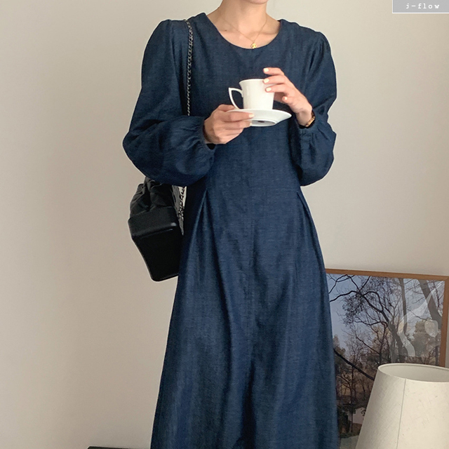 바운드 라운드 데님 허리끈 퍼프 롱원피스 2col 봄 가을 코튼 핀턱 A라인 제이플로우 - 상품 이미지