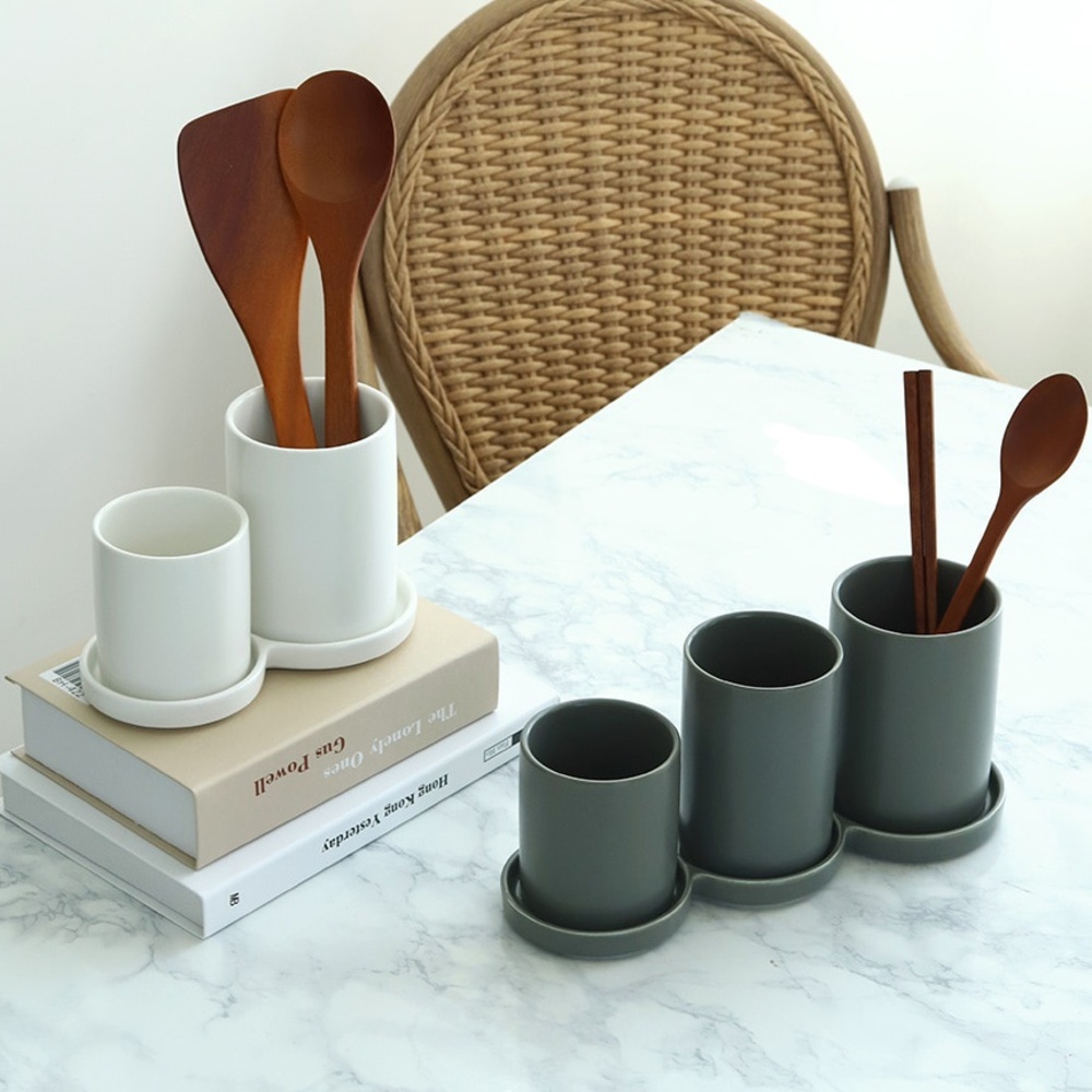 도자기 수저통 물빠짐 수저꽂이 숟가락 젓가락 티포크 원형 조리도구통 2구 3구