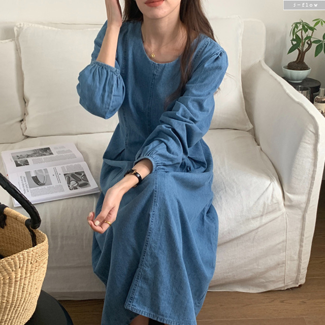 바운드 라운드 데님 허리끈 퍼프 롱원피스 2col 봄 가을 코튼 핀턱 A라인 제이플로우 - 상세 이미지 4