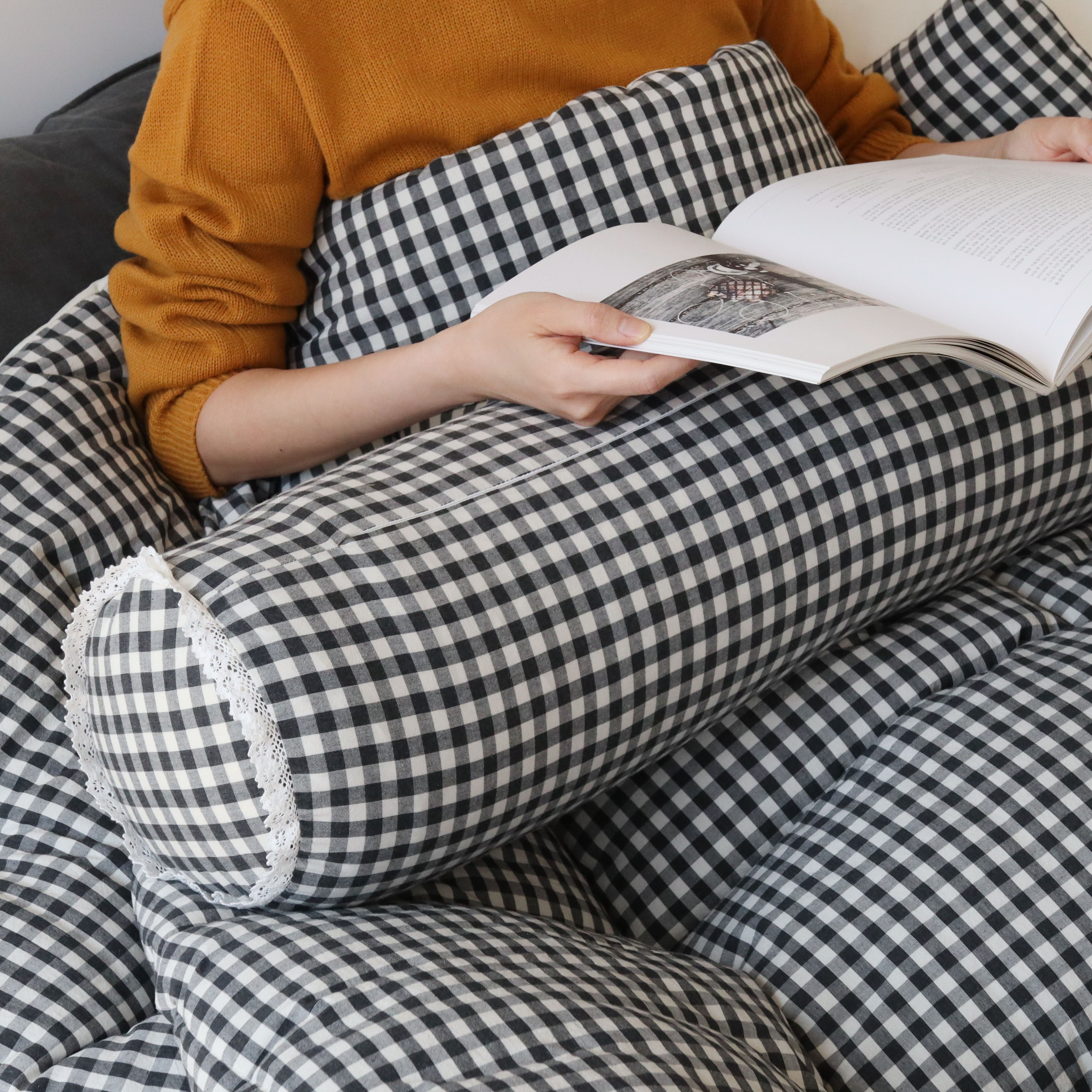 깅엄 체크 워싱 광목천 롱쿠션 안고자는 다리 베개 긴쿠션 바디필로우 커버