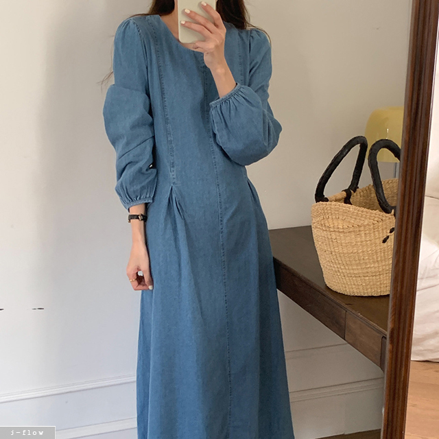 바운드 라운드 데님 허리끈 퍼프 롱원피스 2col 봄 가을 코튼 핀턱 A라인 제이플로우 - 상세 이미지 2