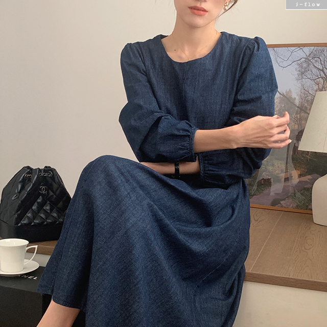바운드 라운드 데님 허리끈 퍼프 롱원피스 2col 봄 가을 코튼 핀턱 A라인 제이플로우 - 상세 이미지 3