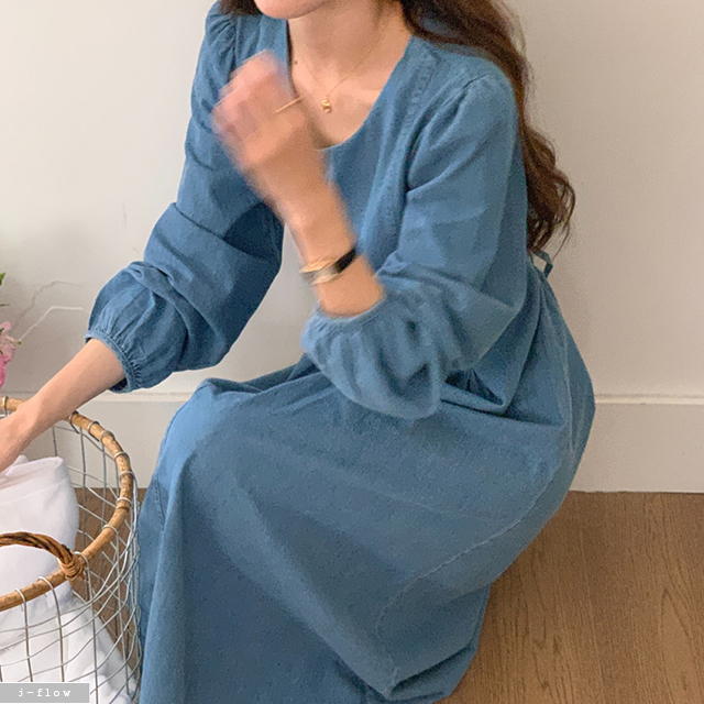 바운드 라운드 데님 허리끈 퍼프 롱원피스 2col 봄 가을 코튼 핀턱 A라인 제이플로우 이미지 7