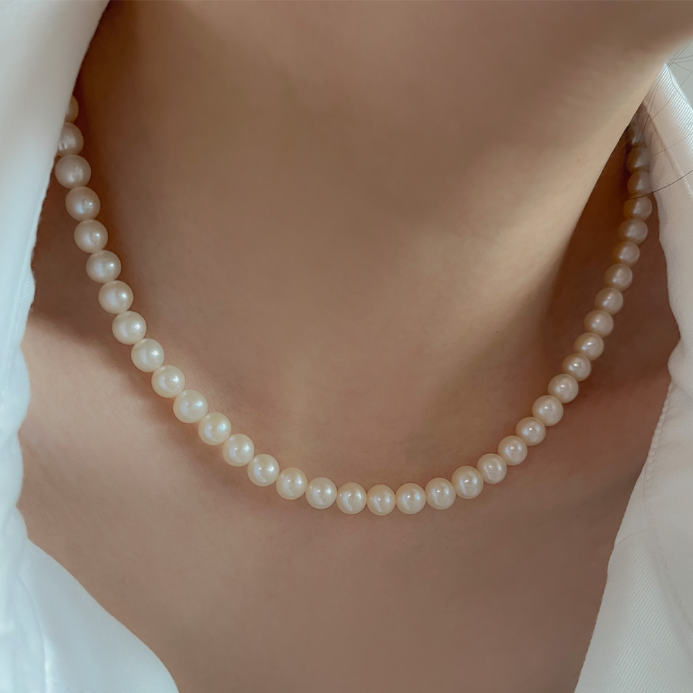베티유 14k 글로시 원형 담수진주 목걸이,7~8mm 라운드 진주목걸이 - 상세 이미지 4