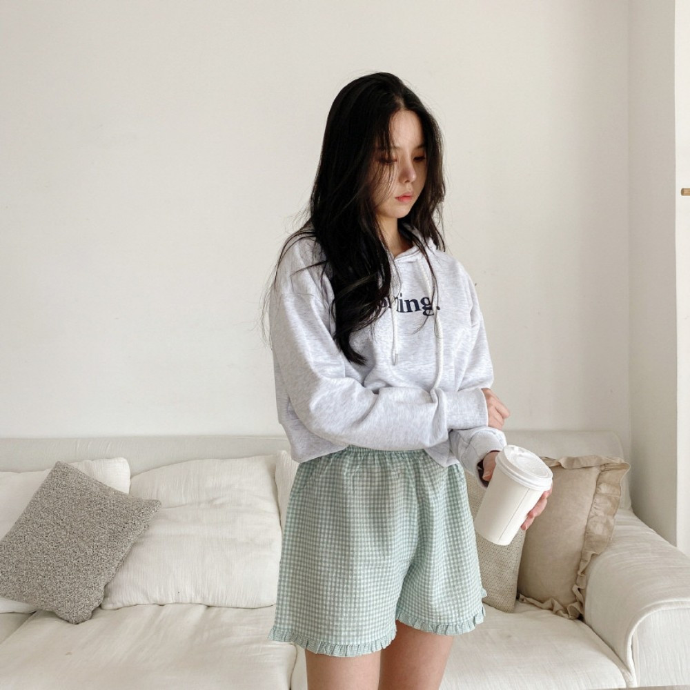 국산 여름 잠옷바지 반바지 지지미 시어서커 여성 체크 파자마 홈웨어 이미지 2