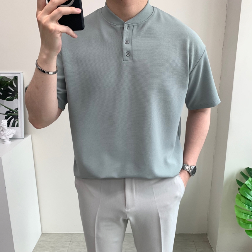 남자 헨리넥 반팔 세미오버핏 티셔츠 이미지 4