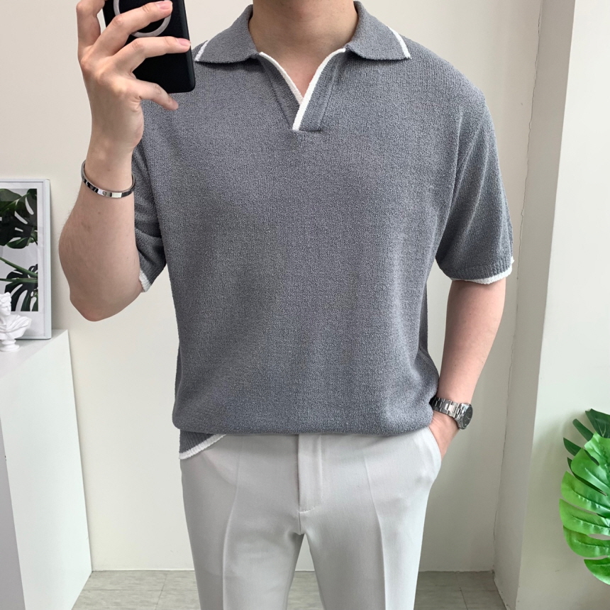 남자 오픈카라 반팔니트 세미오버핏티셔츠 이미지 4