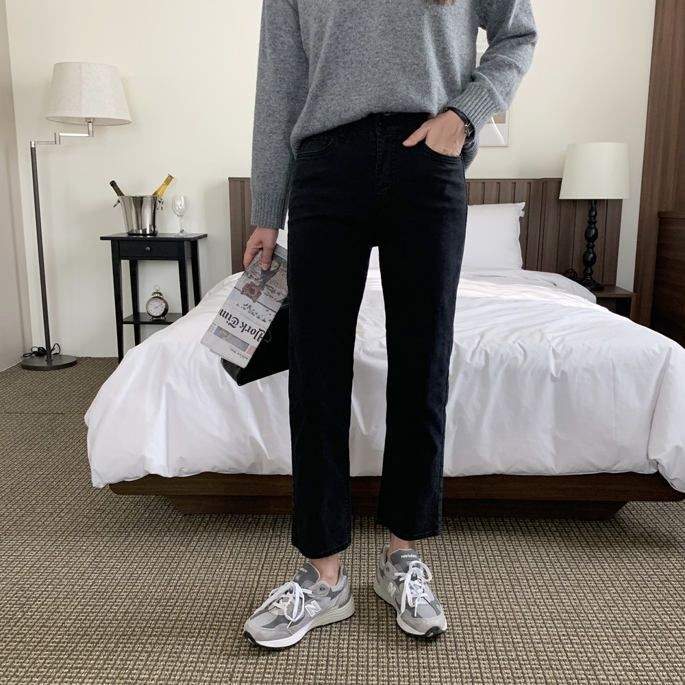 하이웨스트 코튼 스판 일자팬츠 여성 밴딩바지 가을 여자 면팬츠 블랙 핑크 - 상품 이미지