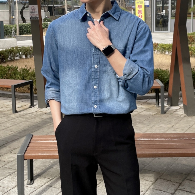 남자 타파니 원포켓 봄 가을 데님 셔츠 남방 빅사이즈 - 상세 이미지 5