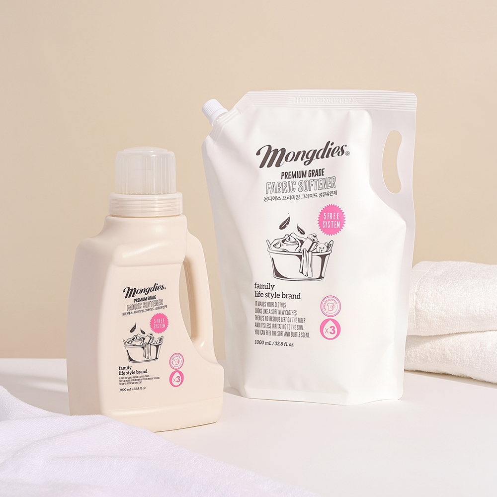 [1+1] 몽디에스 클린코튼향 3배 고농축 섬유유연제 1000ml(본품1+리필1) - 상품 이미지